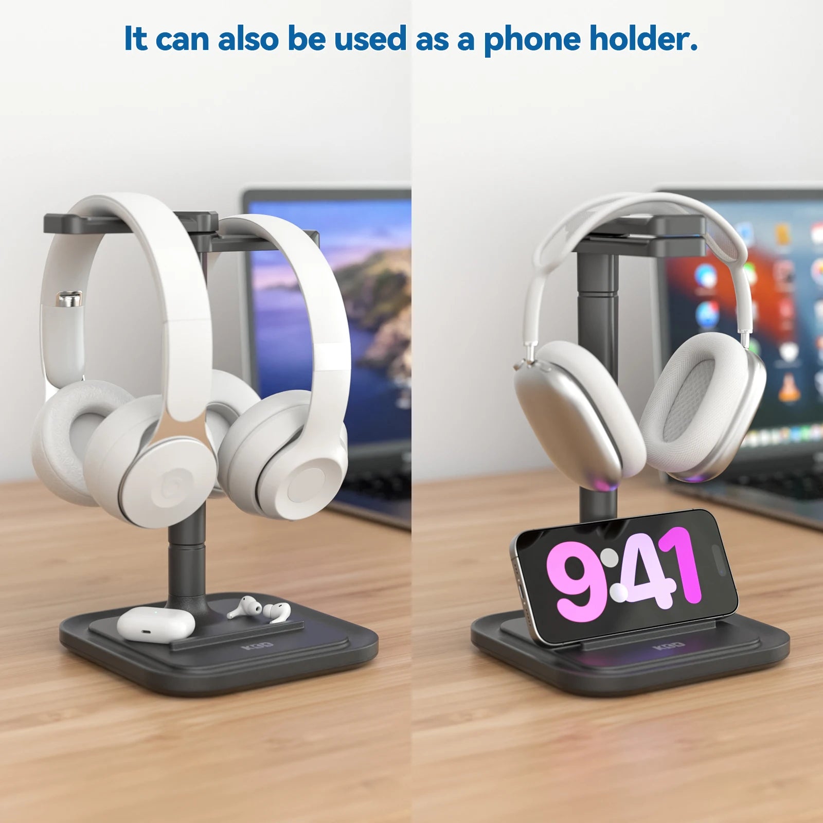 Dual Headphone Stand for Desk Rotatable Headset Hanger with Phone Holder Removable Non-Slip Base for Gamers Desktop Accessories