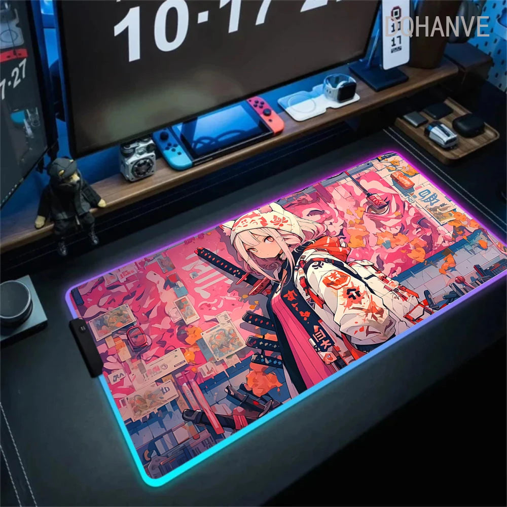 Pink Girls RGB Anime Rubber Mouse Pads XXL Cute Large LED Lighting PC Computer Mousepad Colorful Glowing Deskmat Backlight Mat