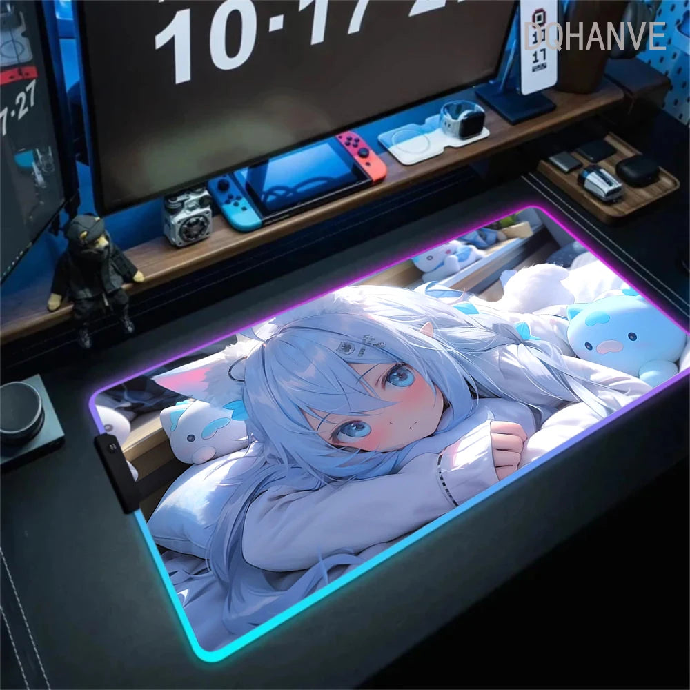 Pink Girls RGB Anime Rubber Mouse Pads XXL Cute Large LED Lighting PC Computer Mousepad Colorful Glowing Deskmat Backlight Mat