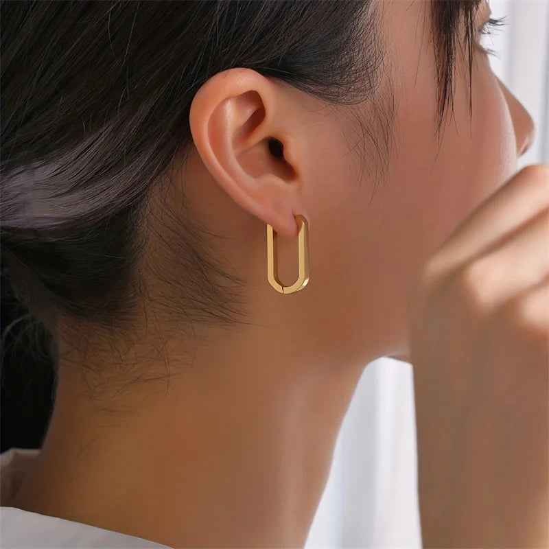 Unisex Gold Stainless Steel Square Hoop Earrings Minimalist Punk Jewelry