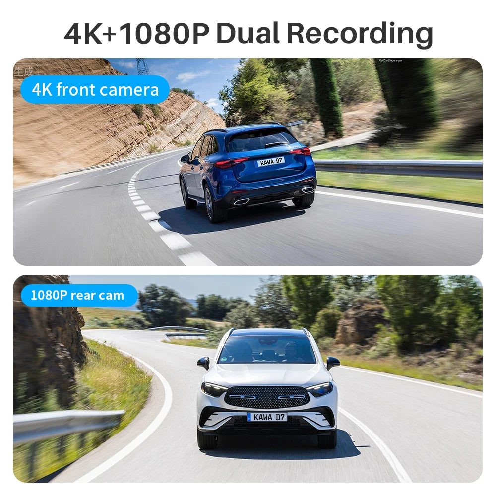 Front and Rear Dash cam KAWA D7 4K,Video Recorder 4K WiFi6 Car Camera,DVR Tiny Rear Camera for AUTO,APP/Voice Control Dashcam