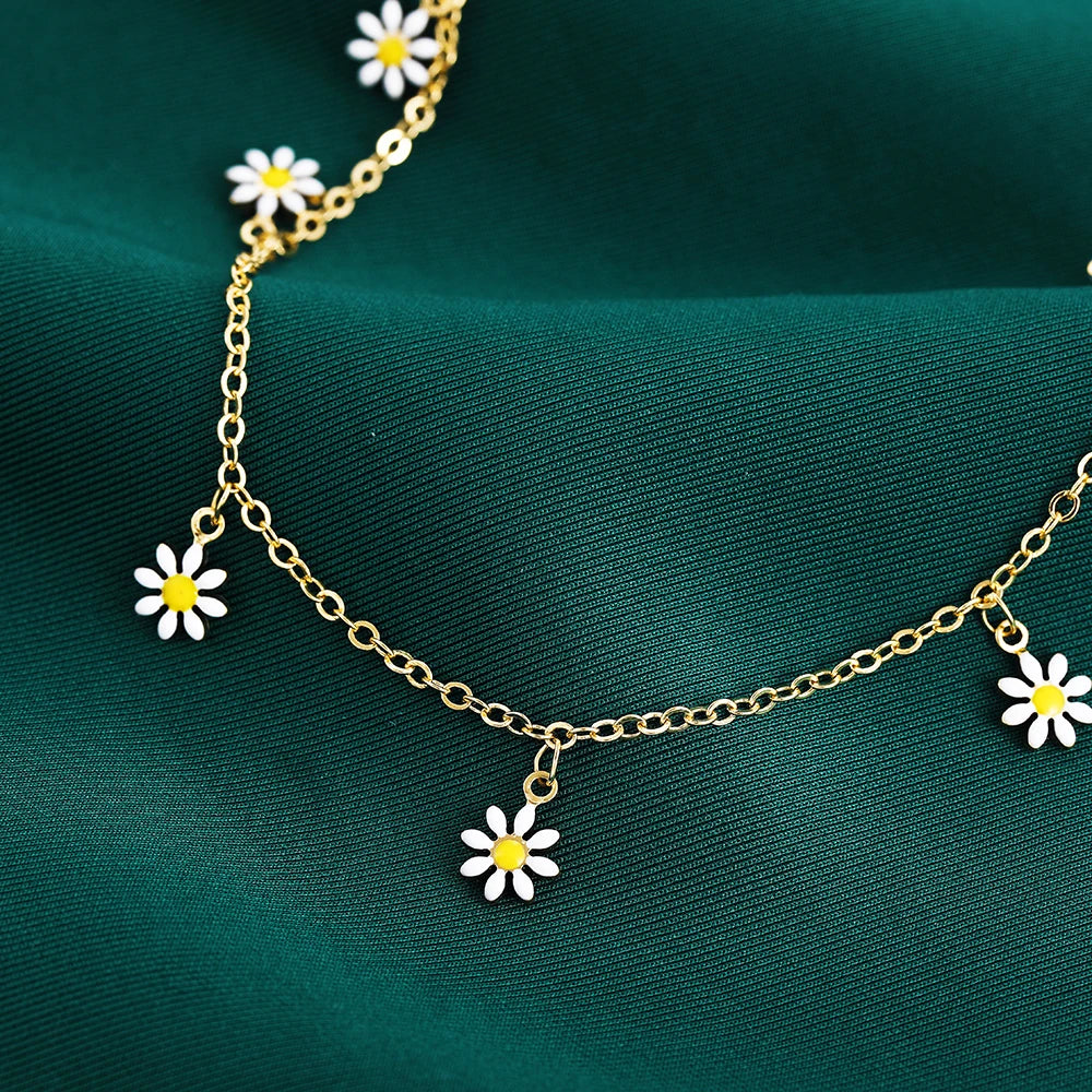 Elegante Tornozeleira Flor Margarida com Corrente de Pérolas Feita à Mão Tornozeleiras para Mulheres Acessórios de Sandálias de Verão Praia Pulseira na Perna