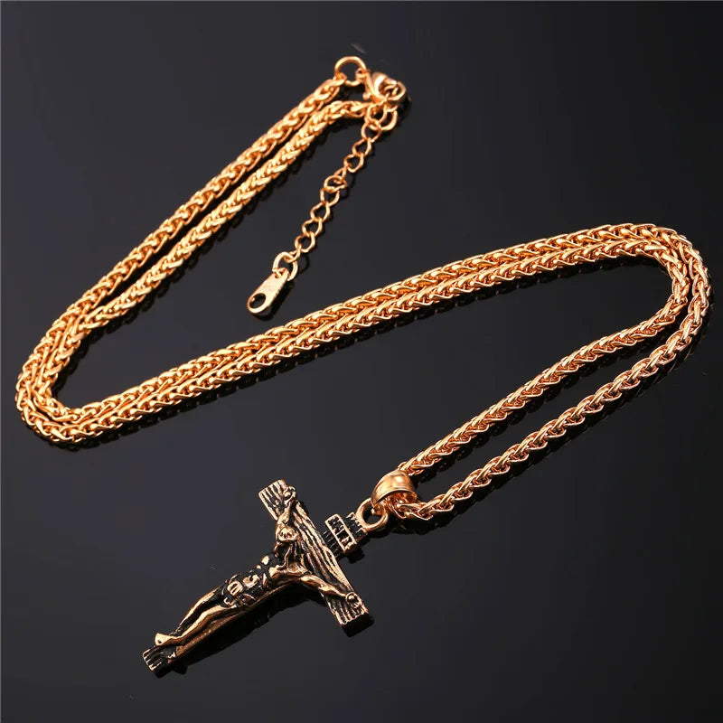 Stainless Steel Jesus Crucifix Cross Necklace with Herringbone Chain