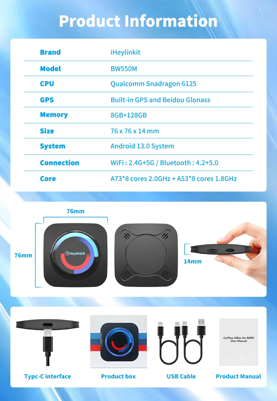 iHeylinkit BW550M Smart Ai Box Android13.0 QCM6125 Wireless CarPlay Adapter Android Auto Support Google Play Video Game Software