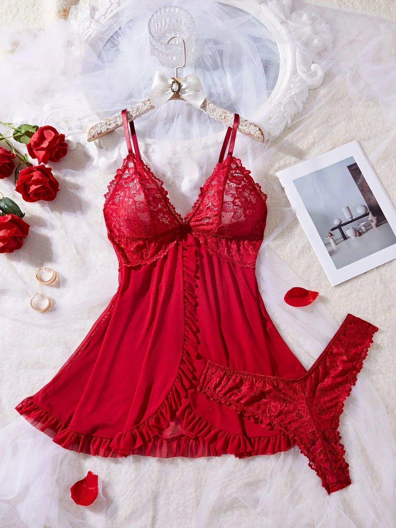 Red Lace V-Neck Nightdress Lingerie Set with Matching Panties