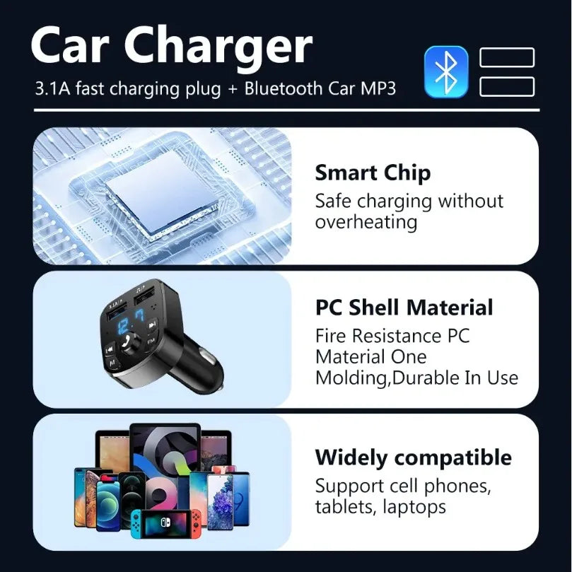 XIKCU LED MP3 Bluetooth FM Audio Receiver Hands-Free Bluetooth 5.0 Transmitter 2.1A 3.1A QC3.0 Type C Dual USB Car kit Charger