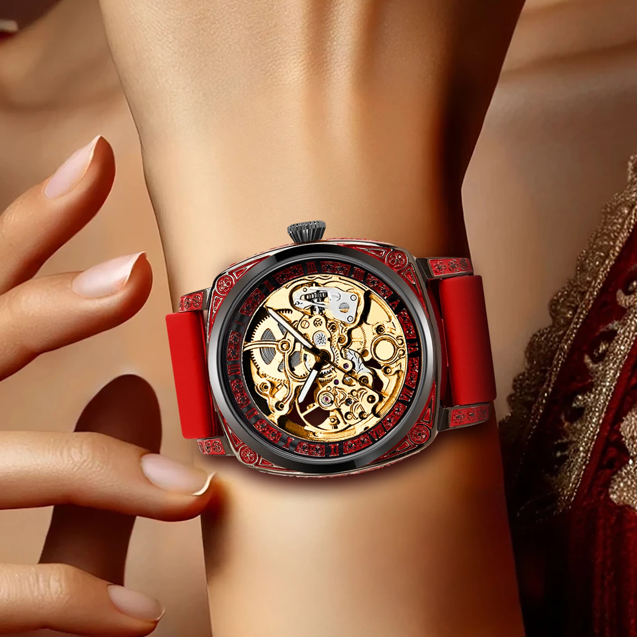 New ladies' watch with golden red tape, casual style, elegant night light, carved flowers, fully automatic mechanical watch