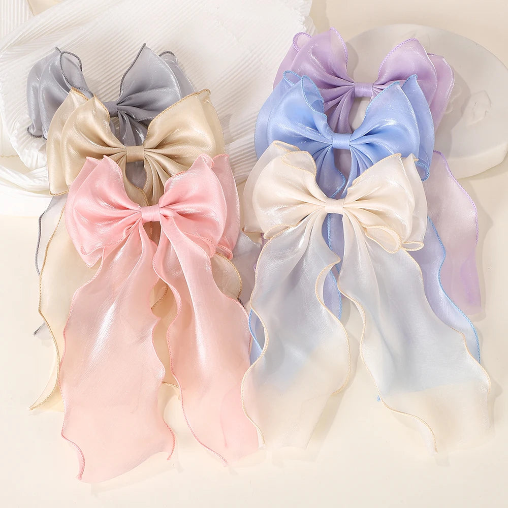 Elegant Long Satin Bow Hair Clip Large Chiffon Barrette
