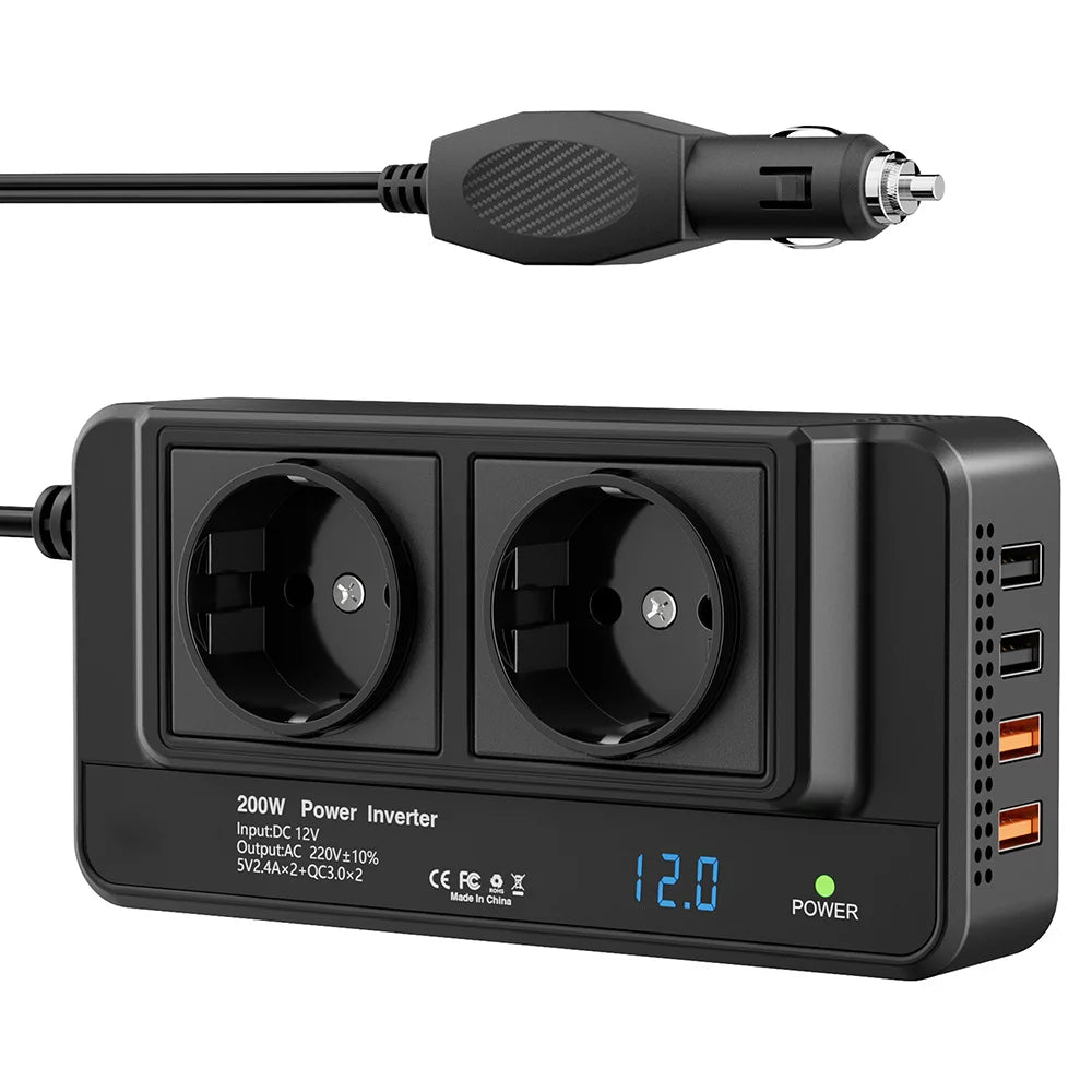 200W vehicle inverter, converting 12V DC to 220V AC, featuring two power sockets and four QC3.0 35W USB ports.