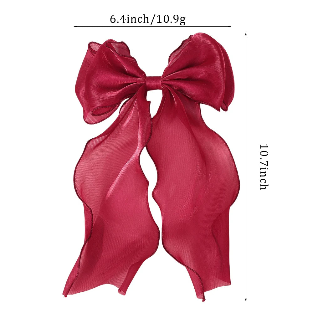 Elegant Long Satin Bow Hair Clip Large Chiffon Barrette