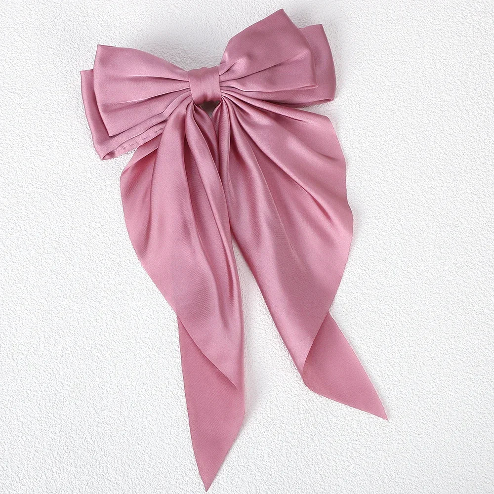 Elegant Long Satin Bow Hair Clip Large Chiffon Barrette