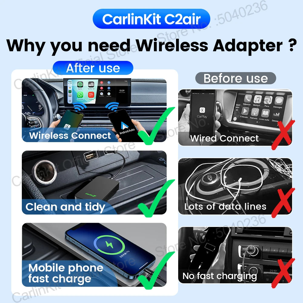 CarlinKit 5.0 C2Air 2-In-1 CarPlay Android Auto Wireless Adapter For Wired CarPlay Android Auto Cars Online Upgrade Plug & Play