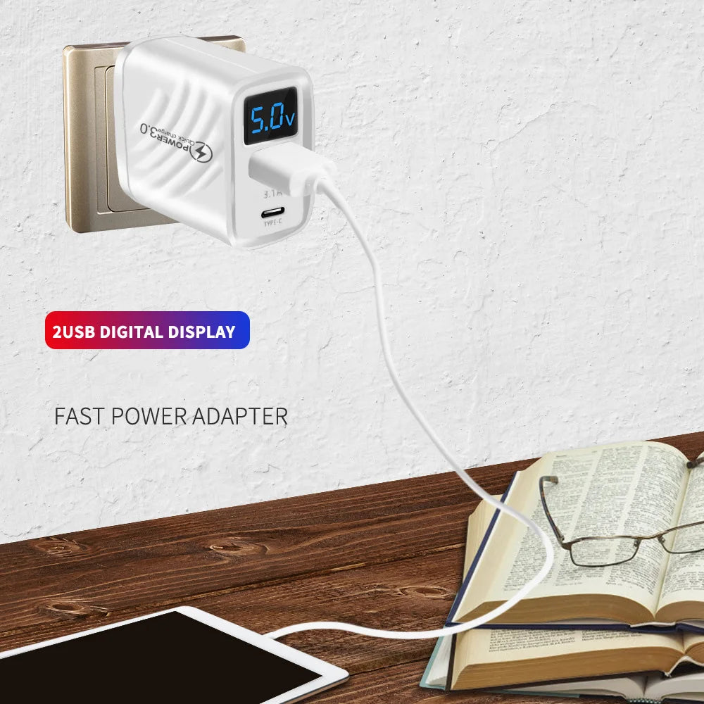 20W USB C Fast Charger with LCD Display, 2-Port Multi Charger for iPhone 14 Pro Max, Samsung, Xiaomi, Huawei, Quick Charge 3.0