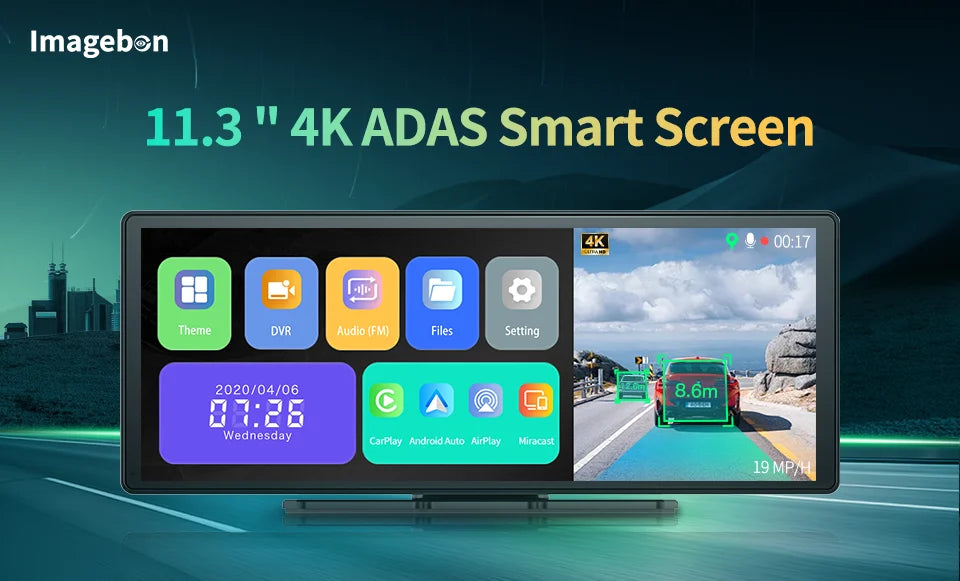 Câmara de Tablier 4K Imagebon H50 de 11.3" ADAS CarPlay Sem Fios e Android Auto Gravação de 3 Canais Time Lapse Monitor de Estacionamento 24h Caixa Negra