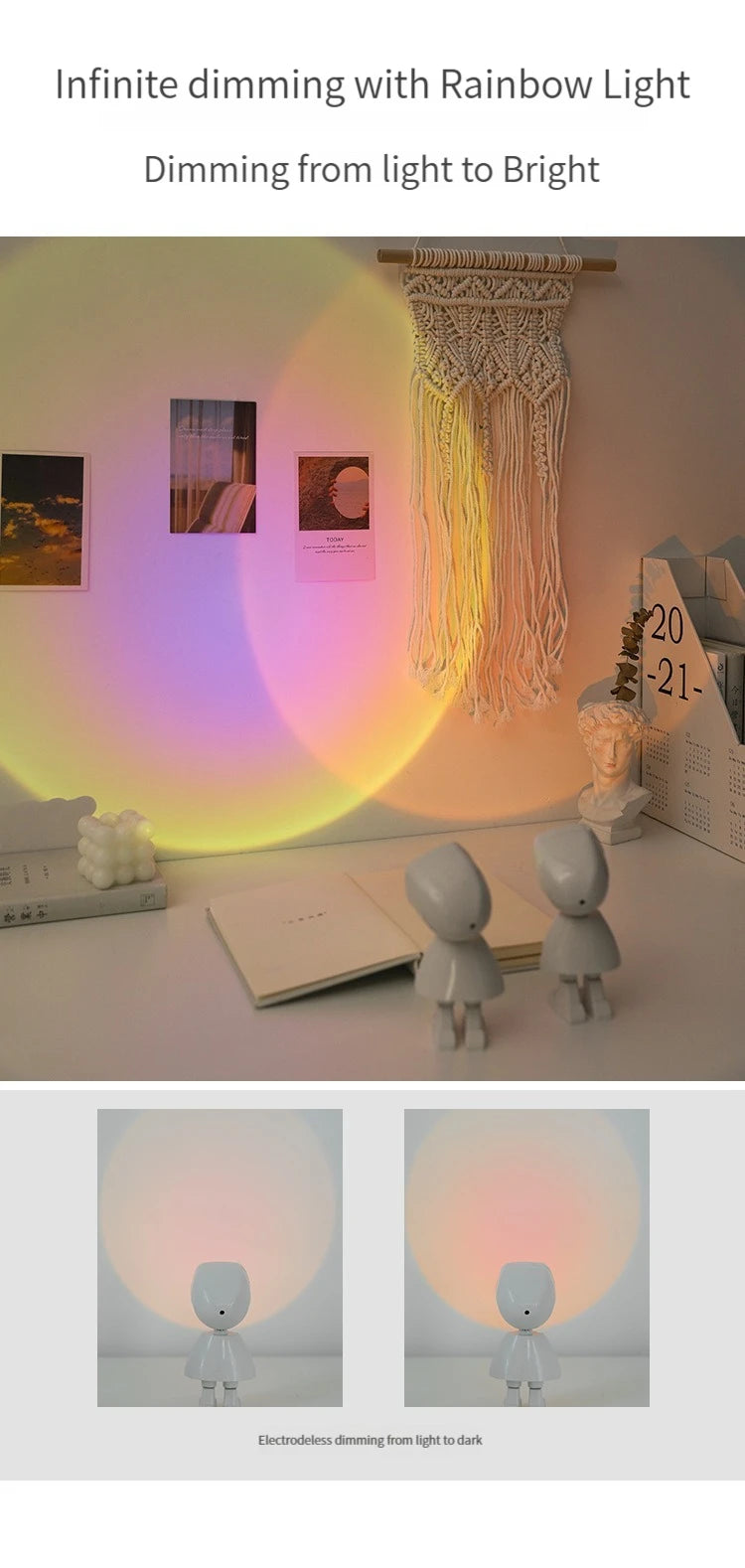 LED 7 Colors Light Sunset Light Astronaut Light Rainbow Projection Night Light 360 Degree Rotation Rechargeable Ambient Light