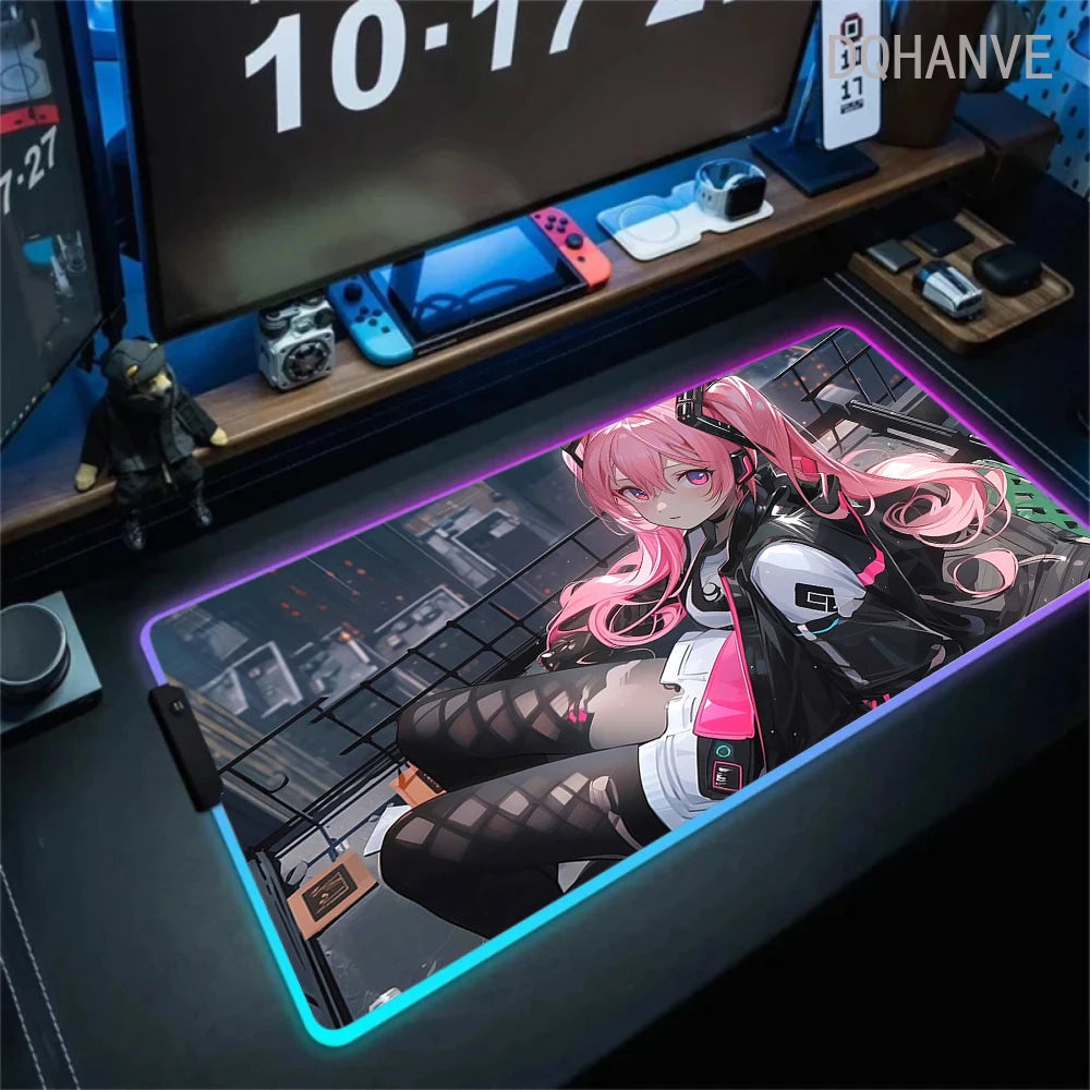 Pink Girls RGB Anime Rubber Mouse Pads XXL Cute Large LED Lighting PC Computer Mousepad Colorful Glowing Deskmat Backlight Mat