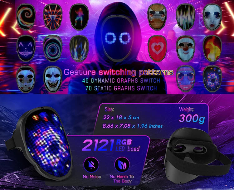 Party LED Light up Mask Gesture Sensing LED Masks Programmable App Control Face Transforming Mask for Halloween Christmas