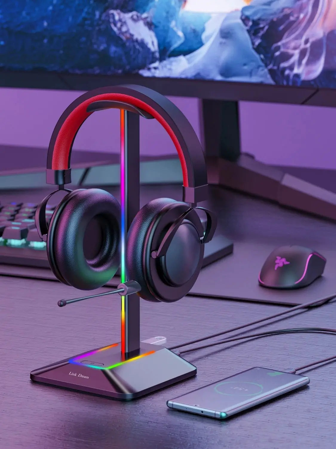 New Bee Z8 RGB Headphones Stand Holder Desk Gaming Headset Cool Display With 2 USB Ports Holder Non-Slip Rubber Base for Gamer