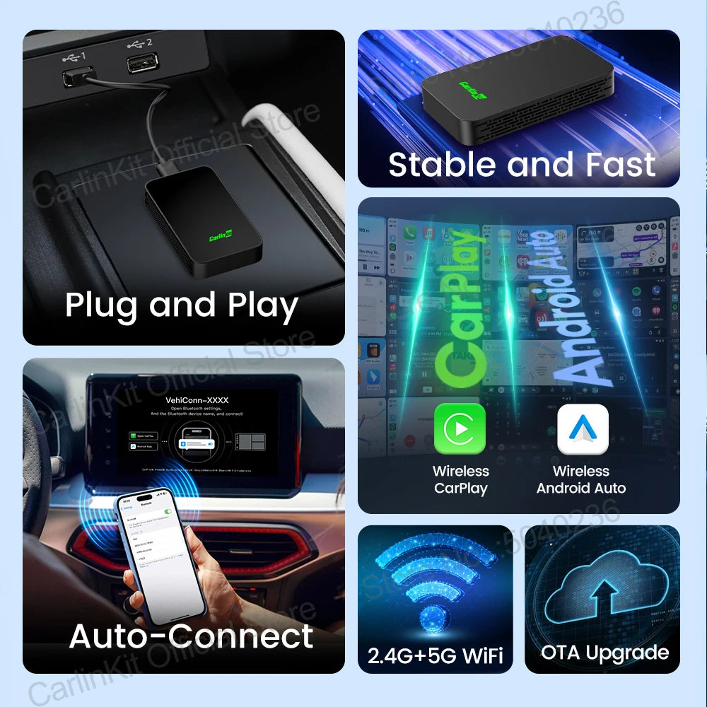 CarlinKit 5.0 C2Air 2-In-1 CarPlay Android Auto Wireless Adapter For Wired CarPlay Android Auto Cars Online Upgrade Plug & Play