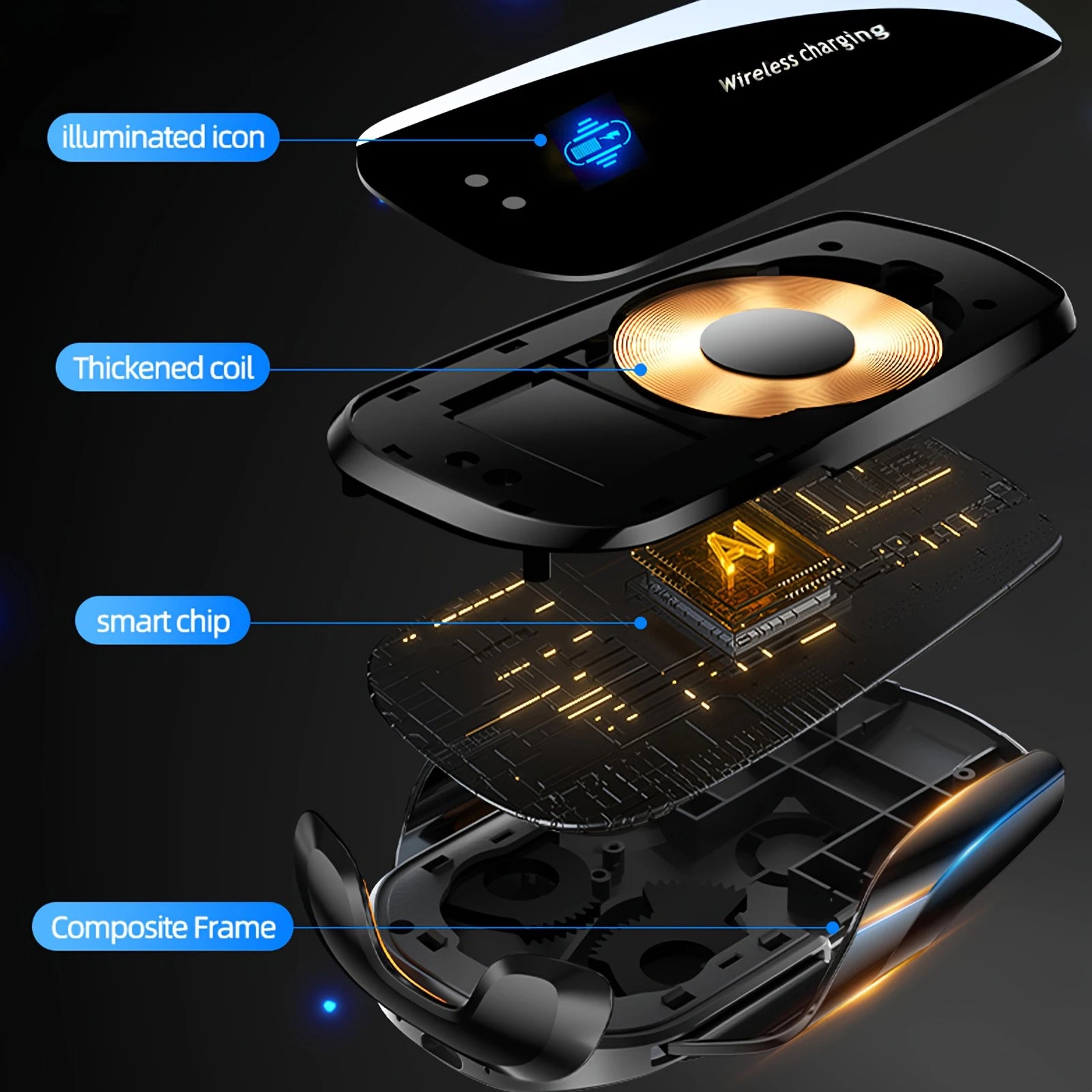 Suporte de telemóvel sem fios para carro, atualizado, 1 unidade, com carregamento sem fios, componentes de ventilação universais, braço rotativo 360°, conector USB