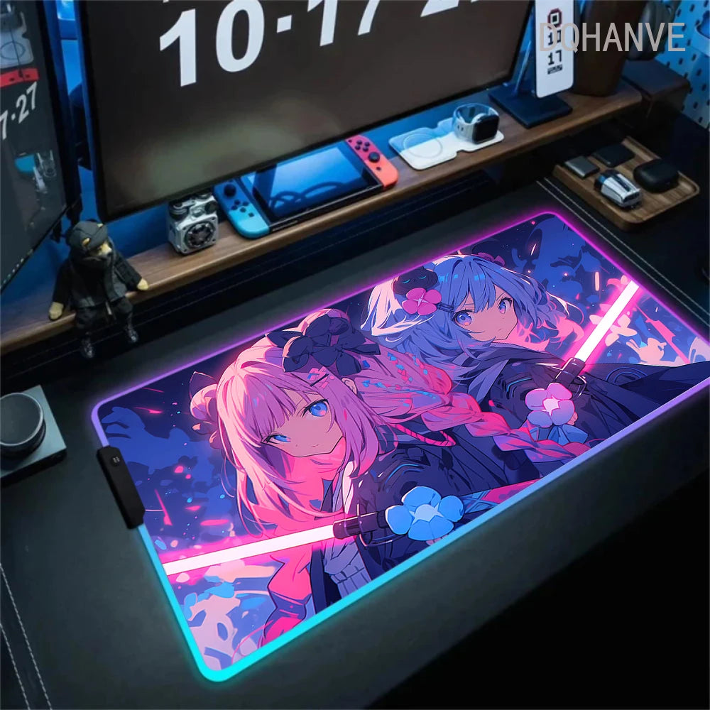 Pink Girls RGB Anime Rubber Mouse Pads XXL Cute Large LED Lighting PC Computer Mousepad Colorful Glowing Deskmat Backlight Mat