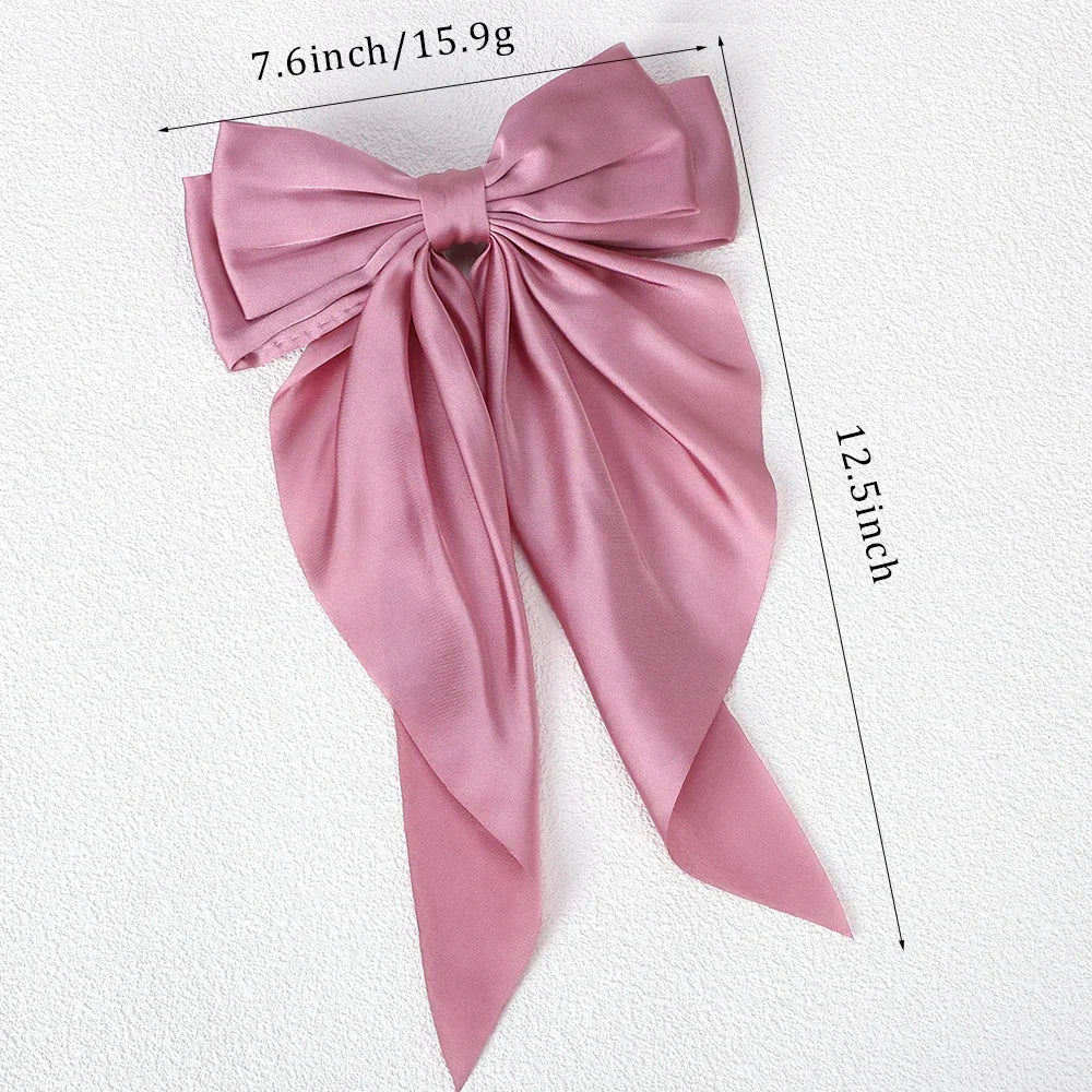 Elegant Long Satin Bow Hair Clip Large Chiffon Barrette