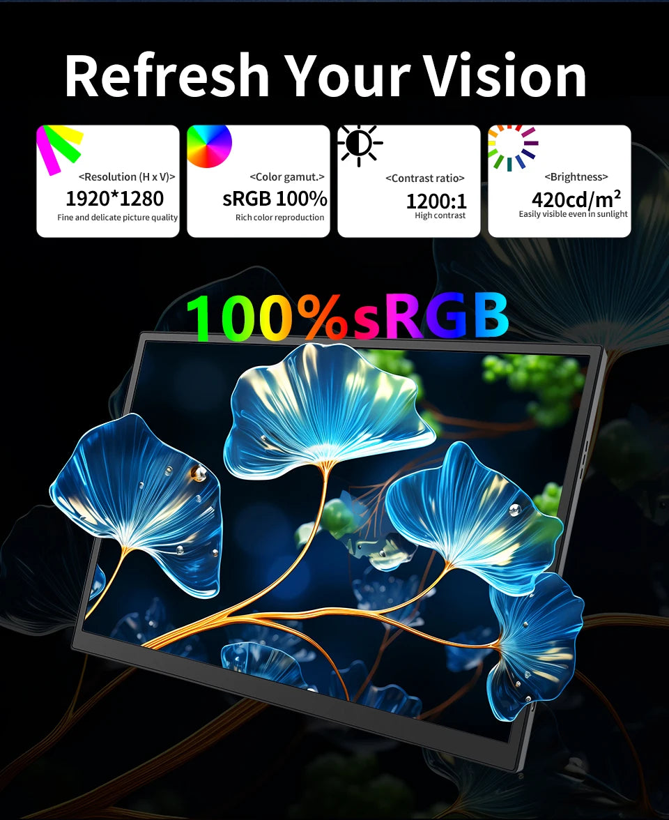 10.5 inch Portable Monitor 1280P 100%SRGB 420cd/m2 With dual speakers Mini HDMI interface For Laptop PC PS4 Game Console