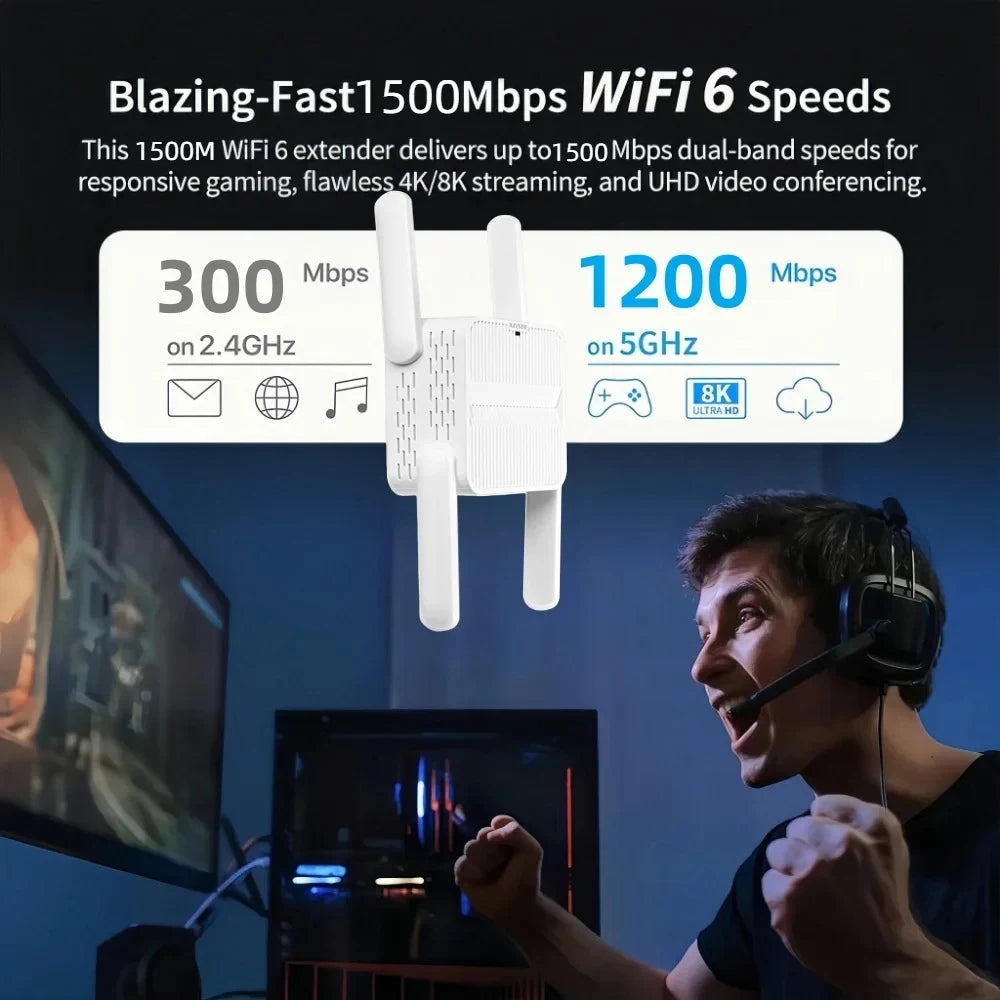 AX1500 WiFi 6 Repeater Extender Signal Booster Dual Band 2.4G/5GHz Wi-Fi Signal Amplifier Long Range Network Easy Set