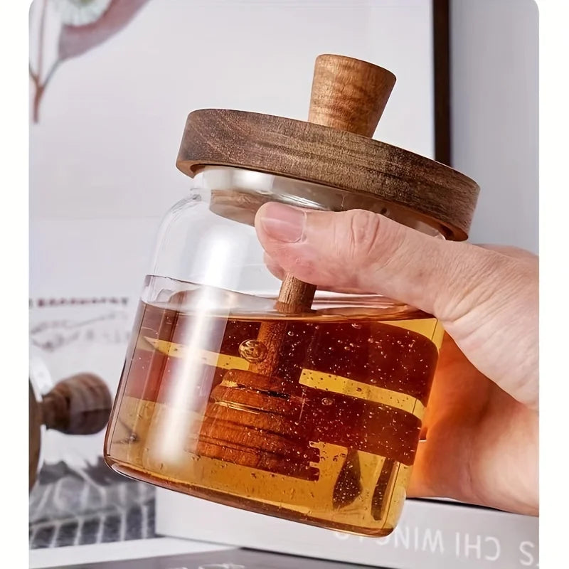 Frasco de Vidro para Mel 1/2/3 Peças, Frasco de Mel, Tanque Selado de Vidro Avançado Hermético, Vareta Misturadora com Tampa de Madeira, Garrafa de Mel Transparente