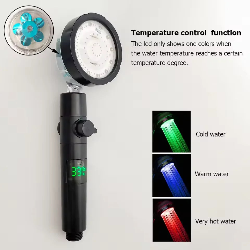 LED Digital Temperature Display Shower Head Temperature Control Colorful Fan Spray Nozzle High Pressure Rainfall Bathroom Shower