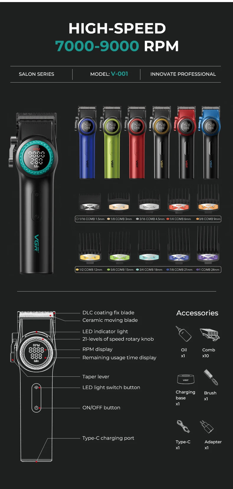 VGR 001 & 977 Professional DLC Blade Clipper Set