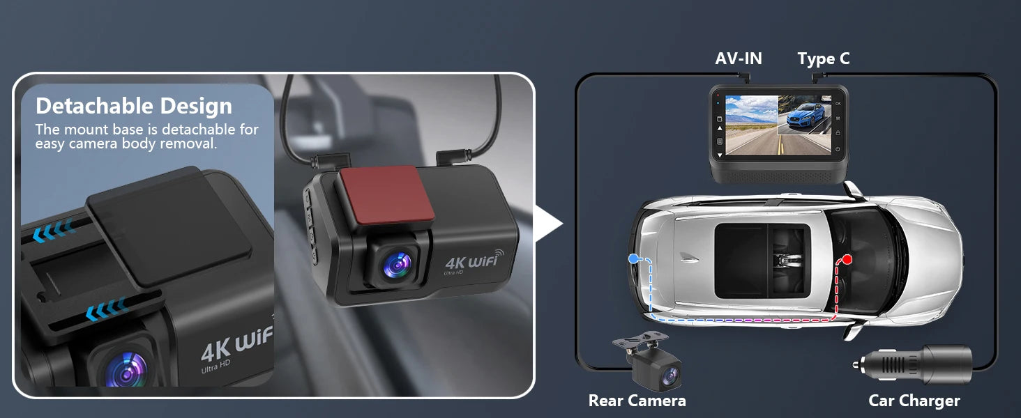 Kocam 4K UHD Dash Cam WiFi Car DVR Front and Rear Dual Lens Auto Car Camera with Night Vision 24H Parking Monitor Black Box