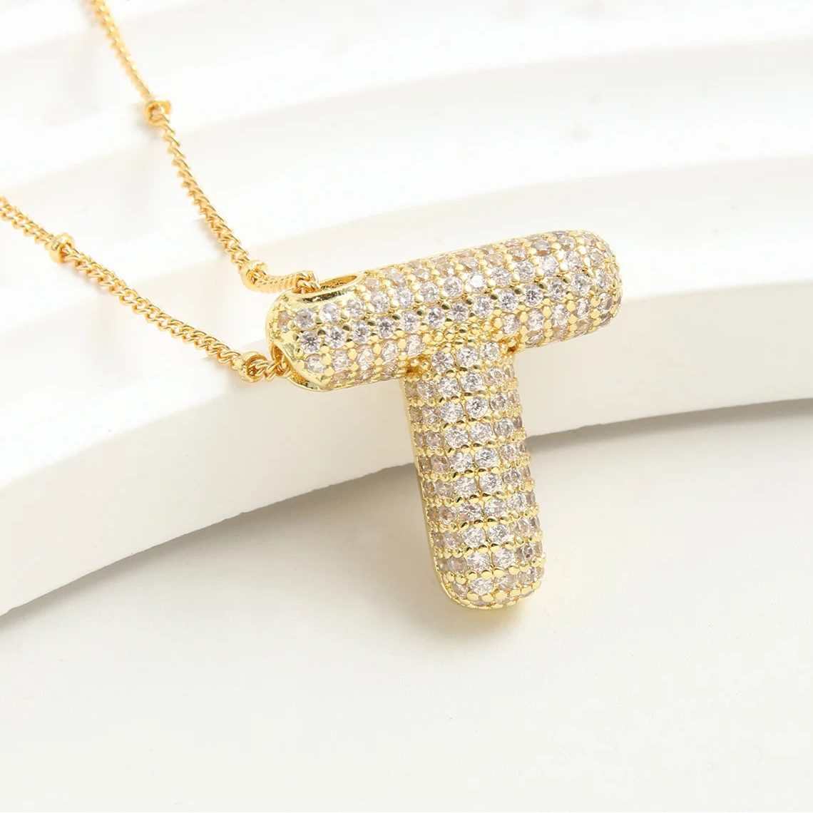 Gold-Style Plated Balloon Initial Zirconia Letter Pendant Necklace