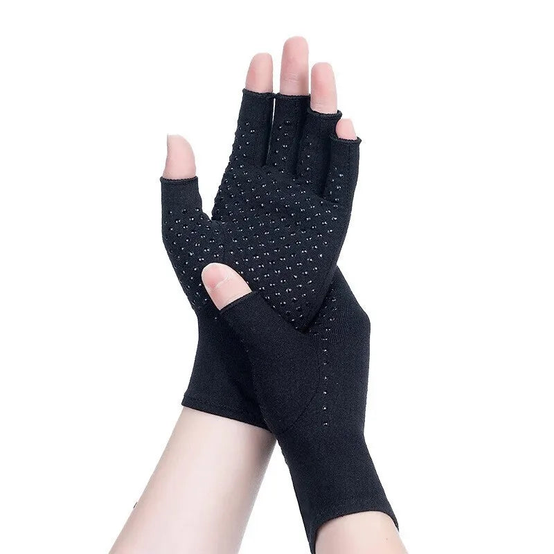 1 Pair Compression Gloves Hand Copper Arthritis Gloves Joint Pain Relief Half Finger Anti-slip Therapy Gloves For Womens Mens