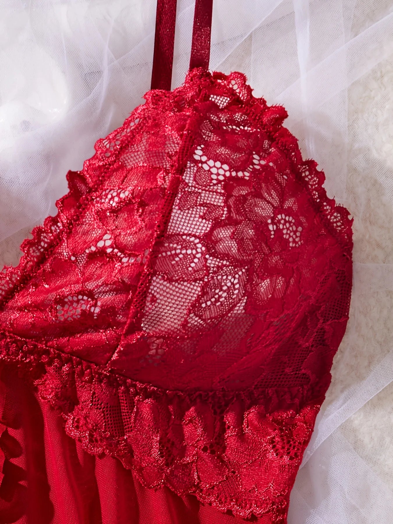 Red Lace V-Neck Nightdress Lingerie Set with Matching Panties