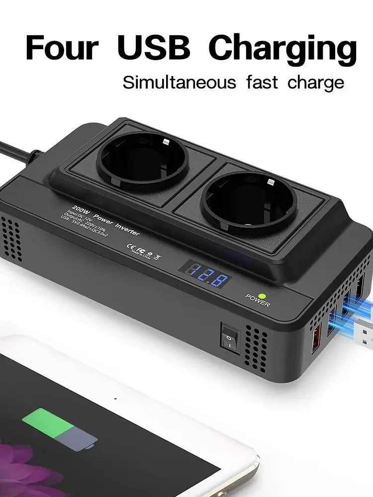 200W vehicle inverter, converting 12V DC to 220V AC, featuring two power sockets and four QC3.0 35W USB ports.