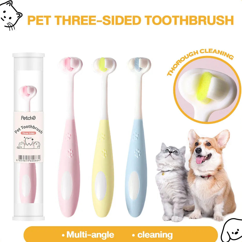 Pet three-sided toothbrush set with packaging and illustrations of a cat and dog on a beige background.