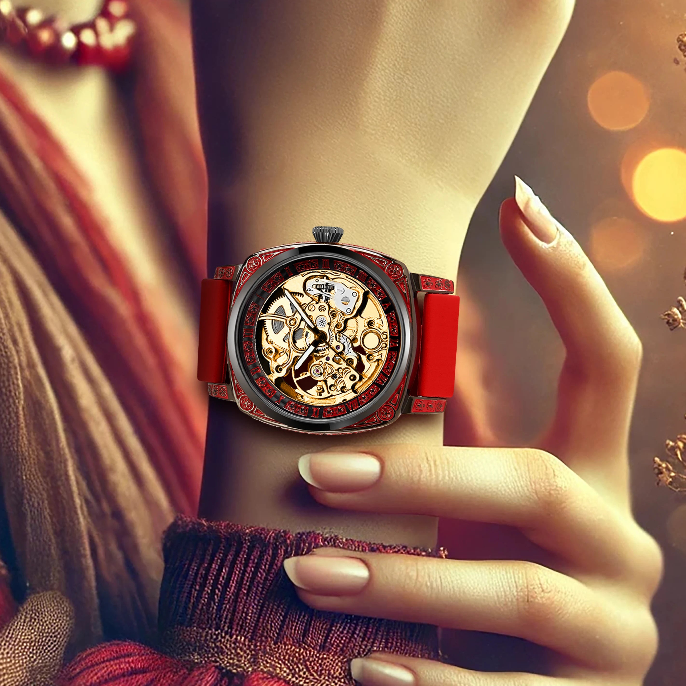 New ladies' watch with golden red tape, casual style, elegant night light, carved flowers, fully automatic mechanical watch