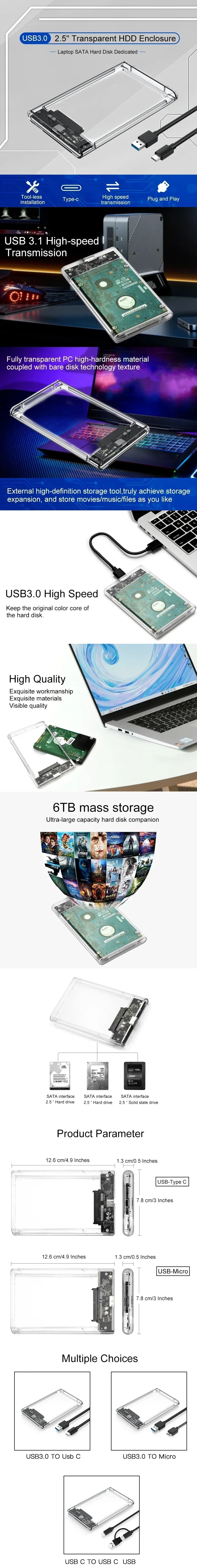 HDD Enclosure 2.5 SATA SSD External Hard Drive Case with 5Gbps USB 3.0 To Type C Transfer Speed Clear Harddisk Boxs Tool-Free