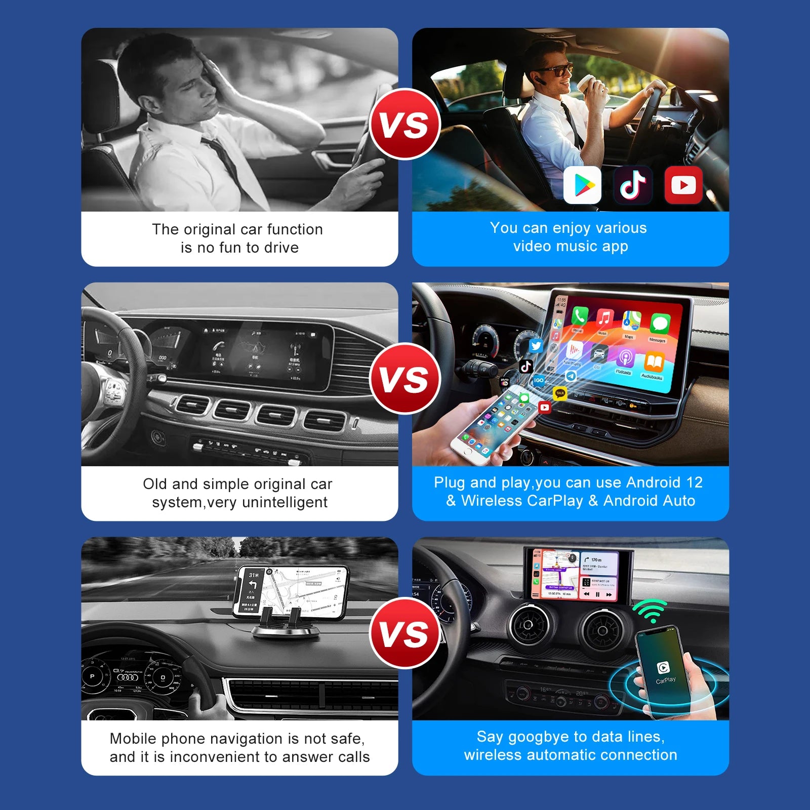 3 in1 Android 13 Ai Box CarPlay Android Box Quad Core, Wireless CarPlay to Android System, Plug and Play Support 4G SIM Card