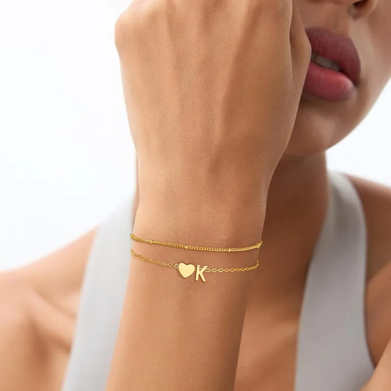 18k Gold-Style Plated Stainless Steel Heart Initial Charm Bracelet