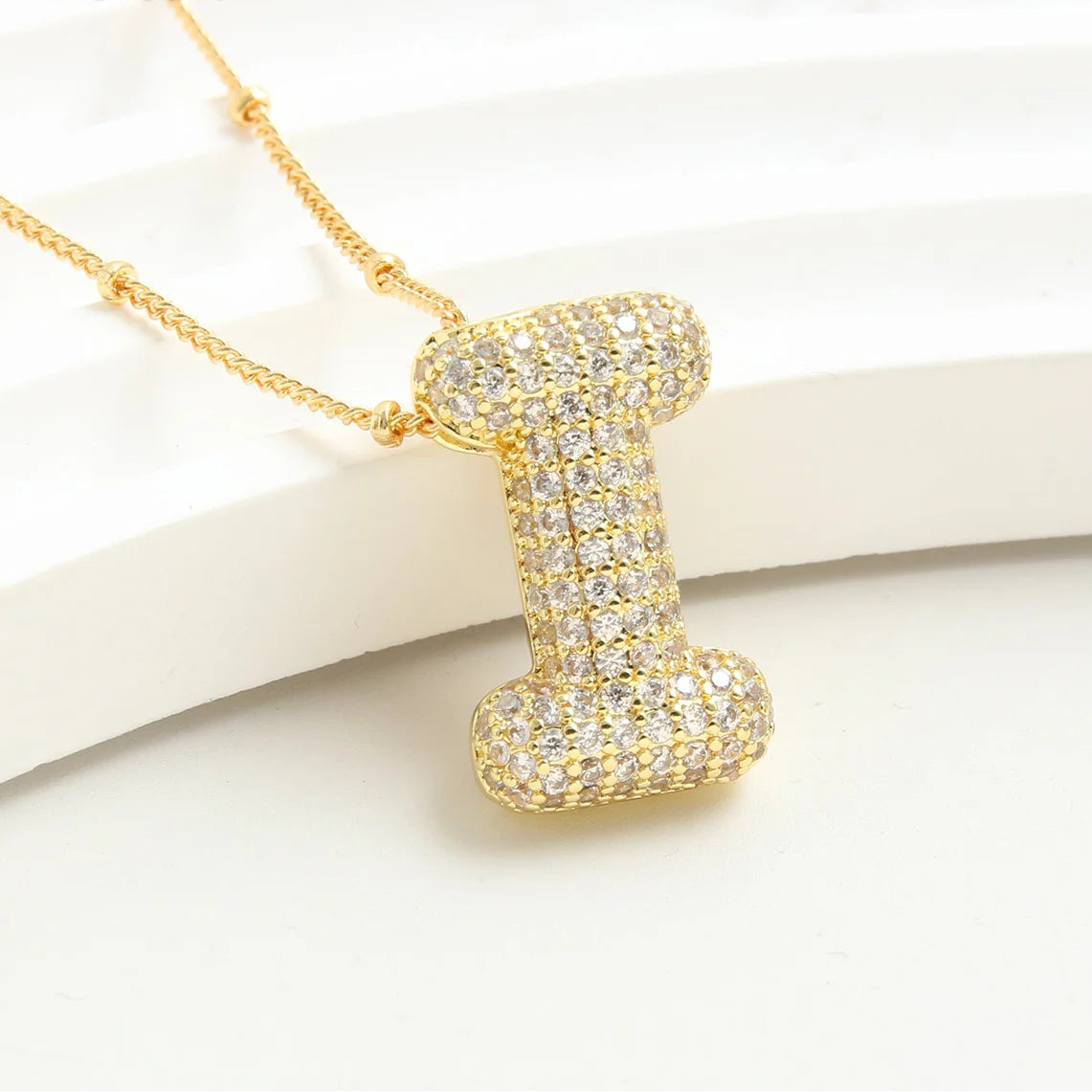 Gold-Style Plated Balloon Initial Zirconia Letter Pendant Necklace