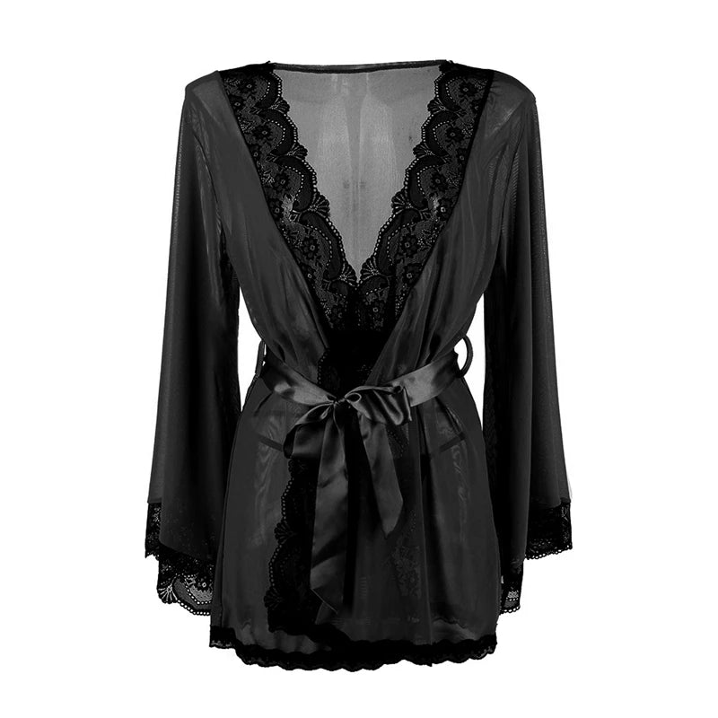 Lace Transparent Babydoll Kimono Lingerie Set