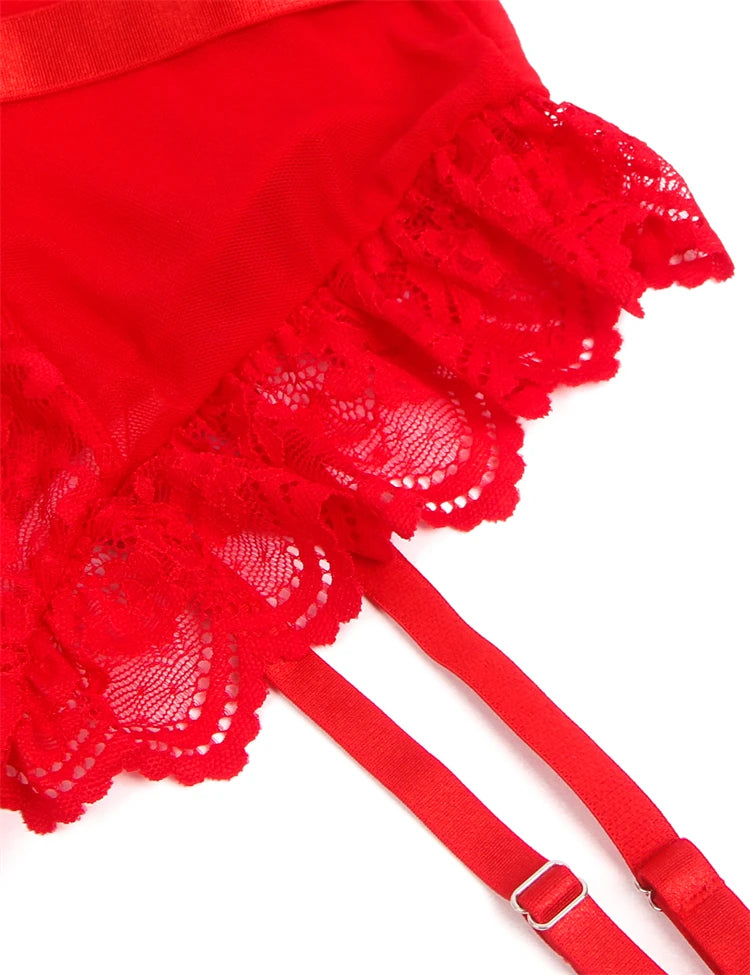 Lace and Mesh Teddy Bodysuit with Garter Set