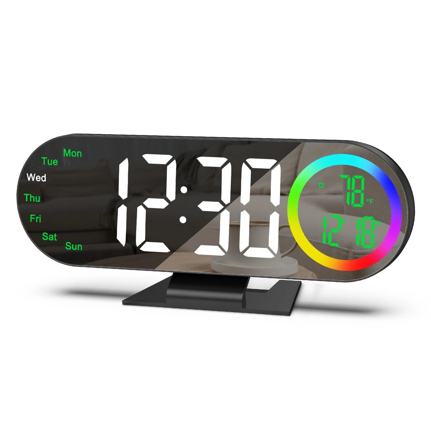 ORIA LED Mirror Clock 8.5" Alarm Clock with 16 Color RGB Light USB Powered Table Clock Temp Week Display For Home Bedroom Office