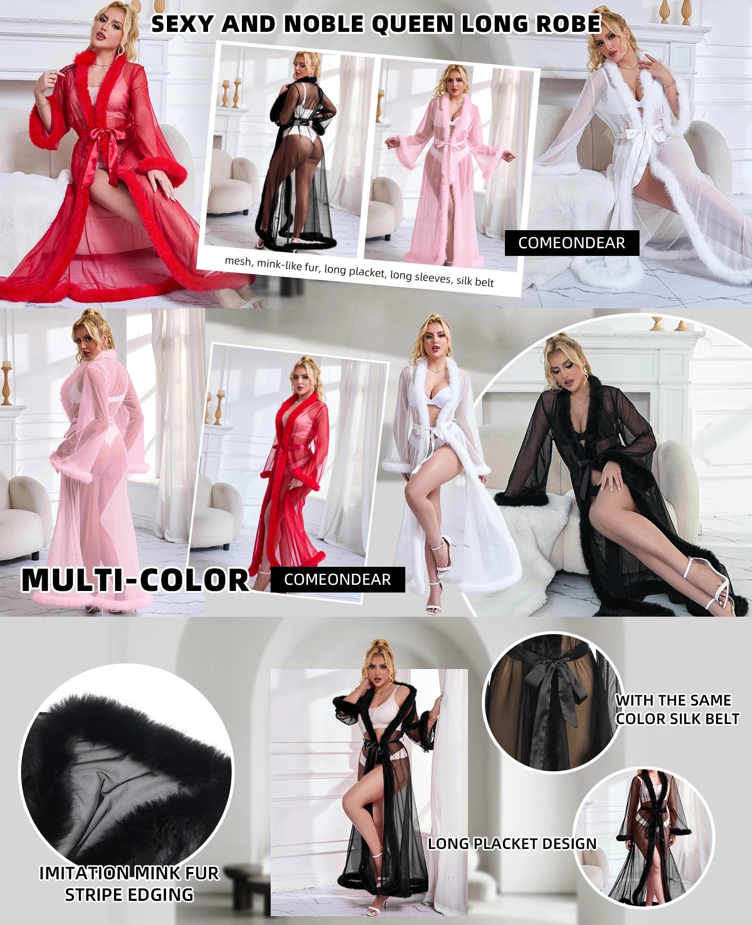 Long Sleeve Transparent Mesh Robe with Faux Mink