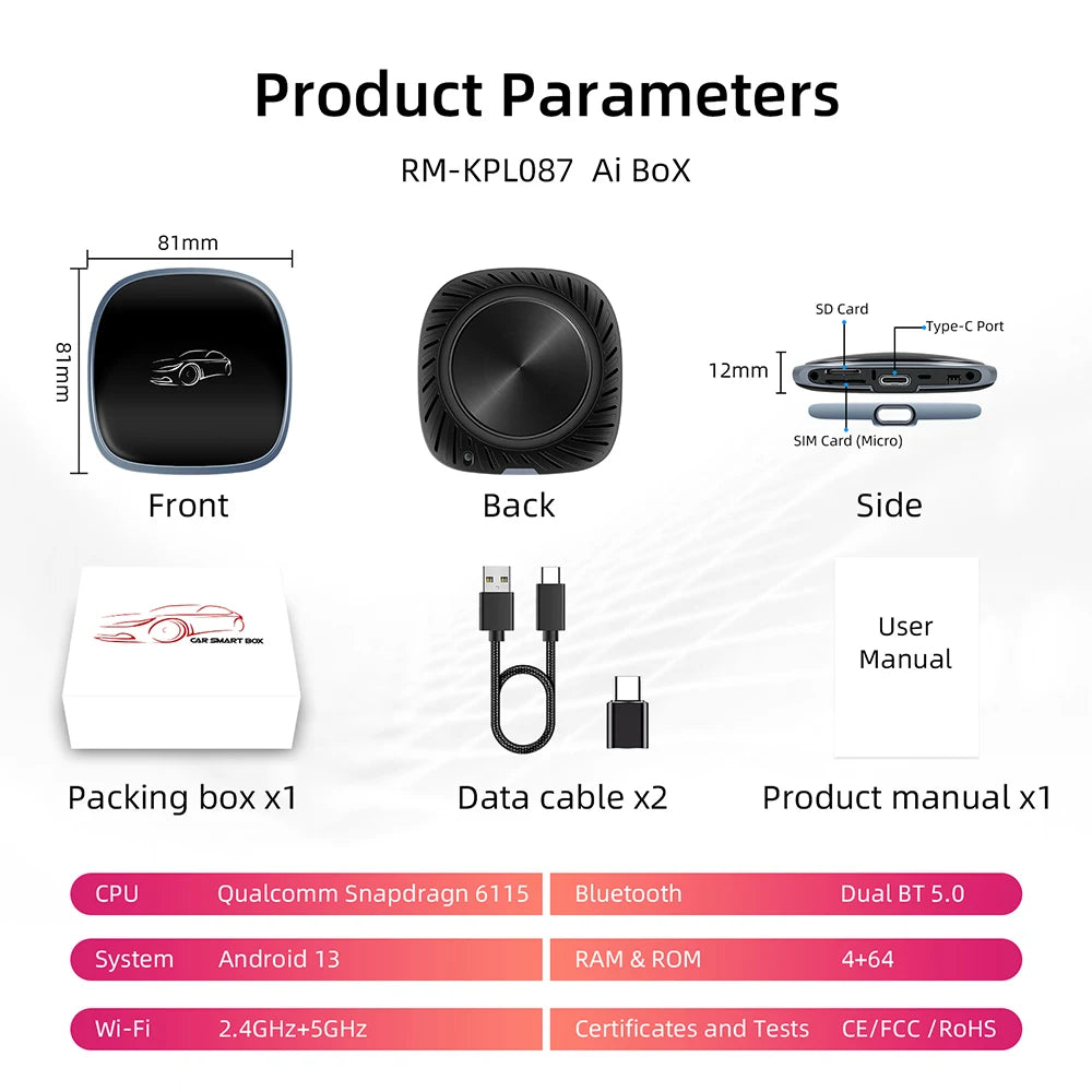 Smart CarPlay AI Box 2026 - Android 13 | Qualcomm Octa-Core | 4G+64GB Wireless Multimedia Adapter