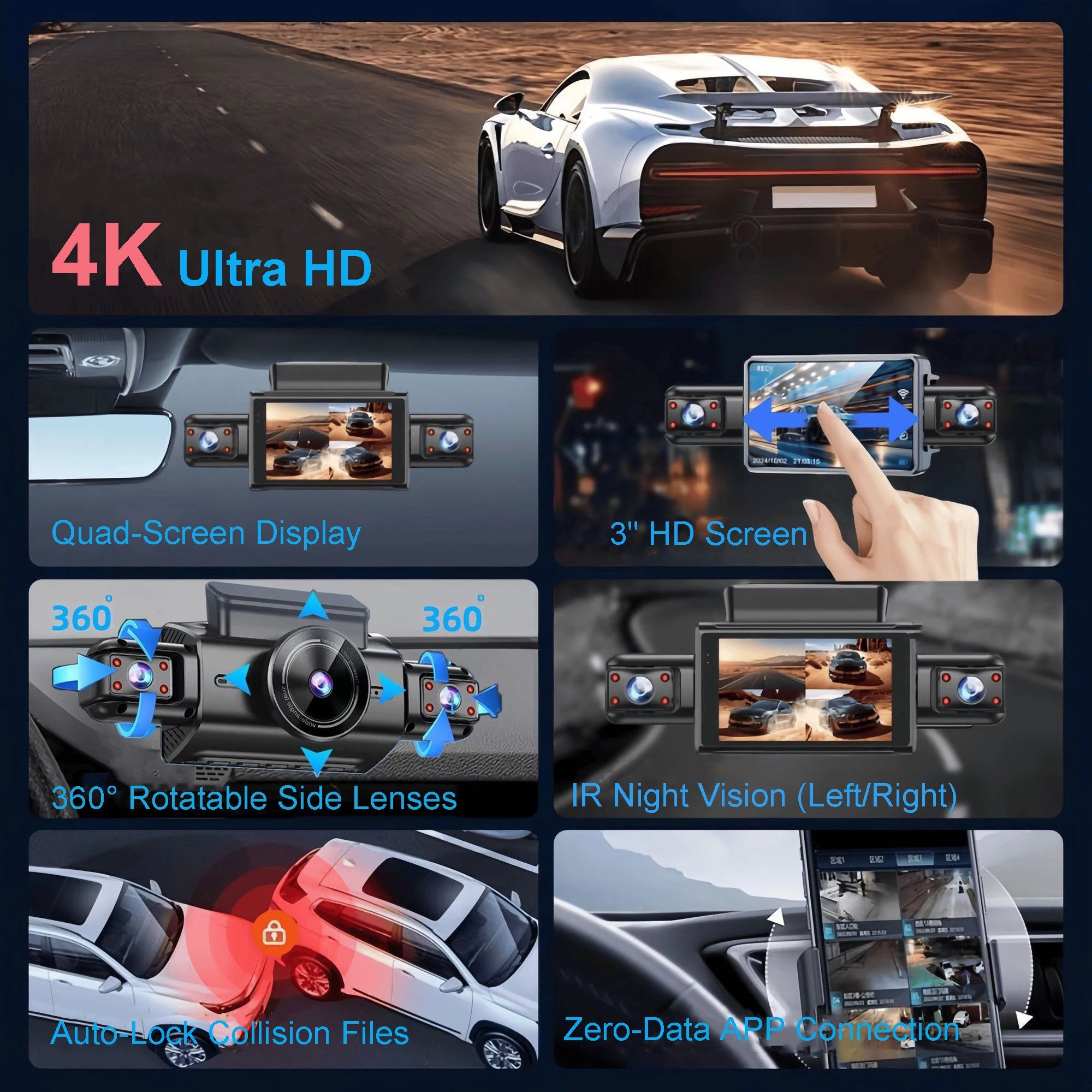 4K 4CH Hidden Car DVR with APP 24H Parking Mode G Sensor Motion Detect Loop Record Time Lapse Stealth Recording Night Vision WDR