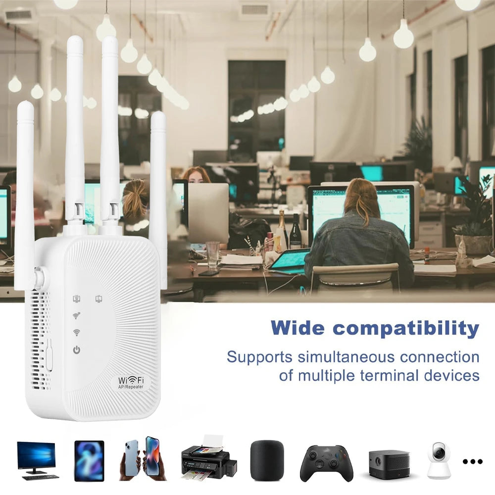 WiFi Extender 300Mbps, 2.4Ghz, With 4 Antennas, 360° Full Coverage for 35+ Devices, Ethernet Port & 1-Tap Setup - Boost Signal