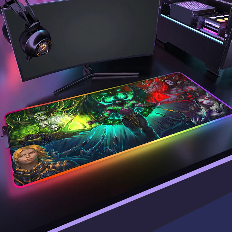 400x900 World Of Warcraft LED Backlight Gaming Mousepad HD Printing RGB Mouse Pad Non-Slip Rubber Deskmats Keyboard Desk Mat XXL